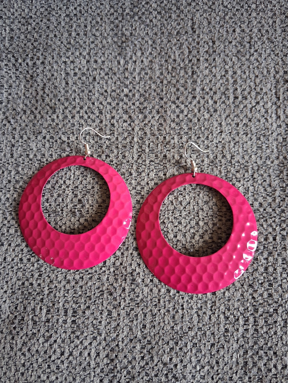 Hot Pink Hammered Hoop Dangle Earrings